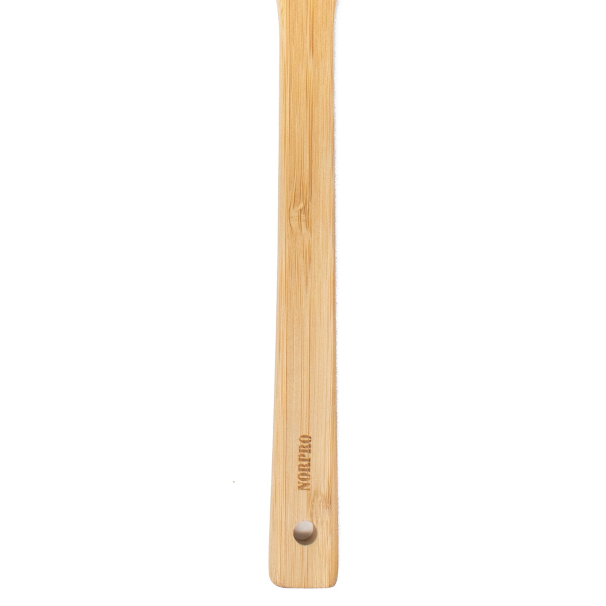 Close-up of the Norpro bamboo spoon handle with branded engraving and hanging hole at the end