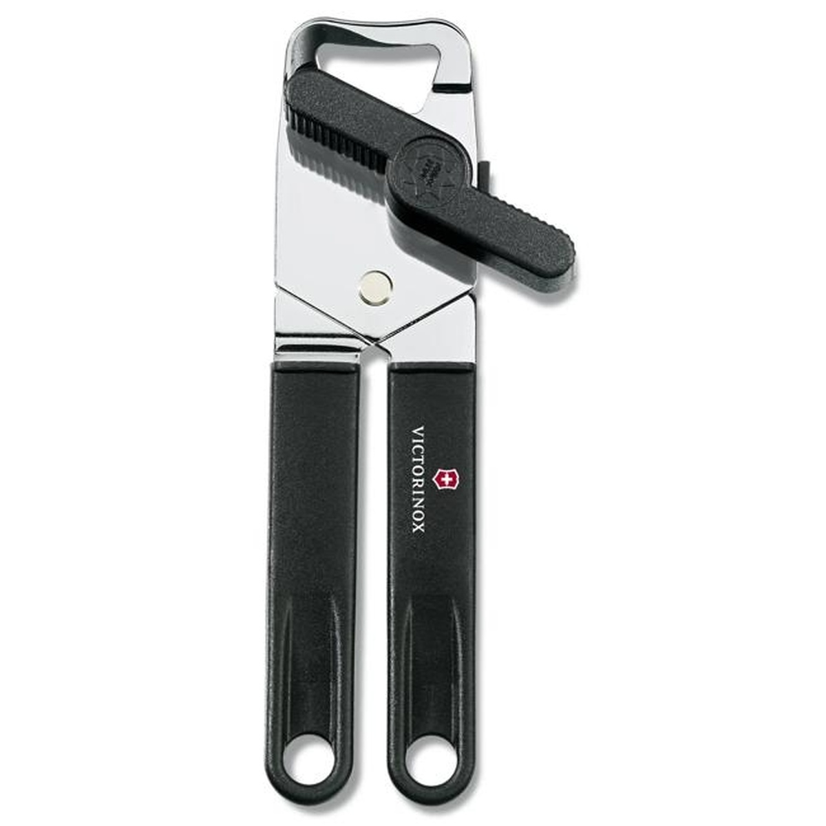 Victorinox Universal Can Opener in black shown from the front angle, highlighting the integrated bottle opener notch and stainless steel cutting mechanism