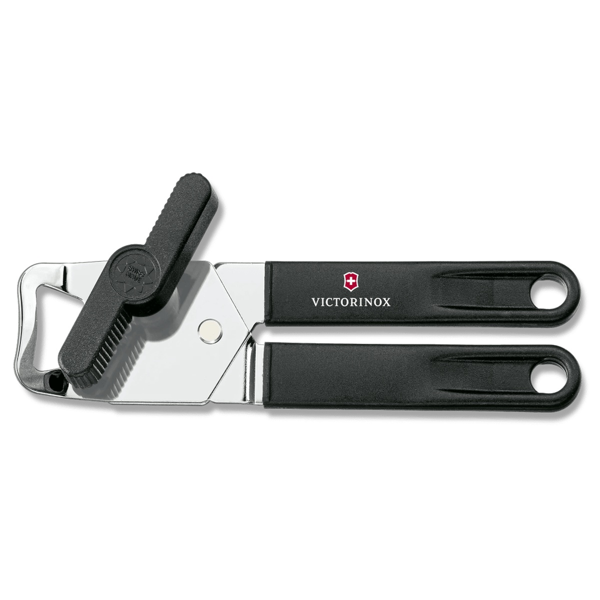 Victorinox Universal Can Opener in black, showing stainless steel cutting head, integrated bottle opener, and polyamide handles with Victorinox logo