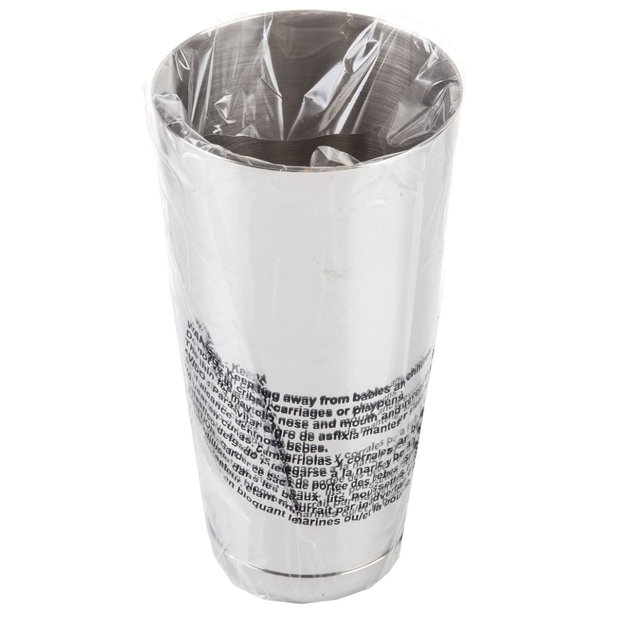 Tablecraft 77 stainless bar shaker wrapped in protective plastic packaging ready for use