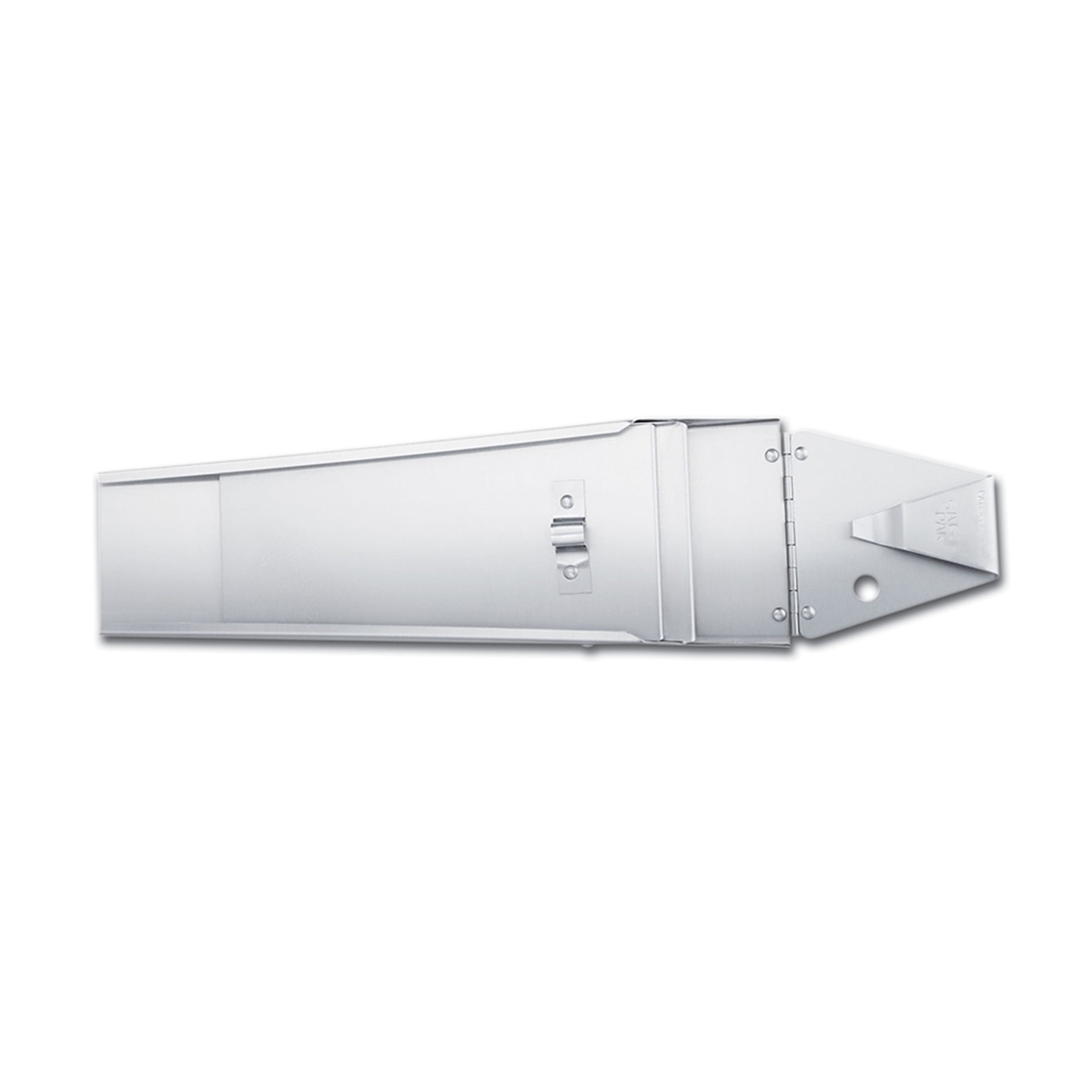 Front-facing view of the closed Victorinox aluminum double-pouch scabbard showing tapered body and mounting tab