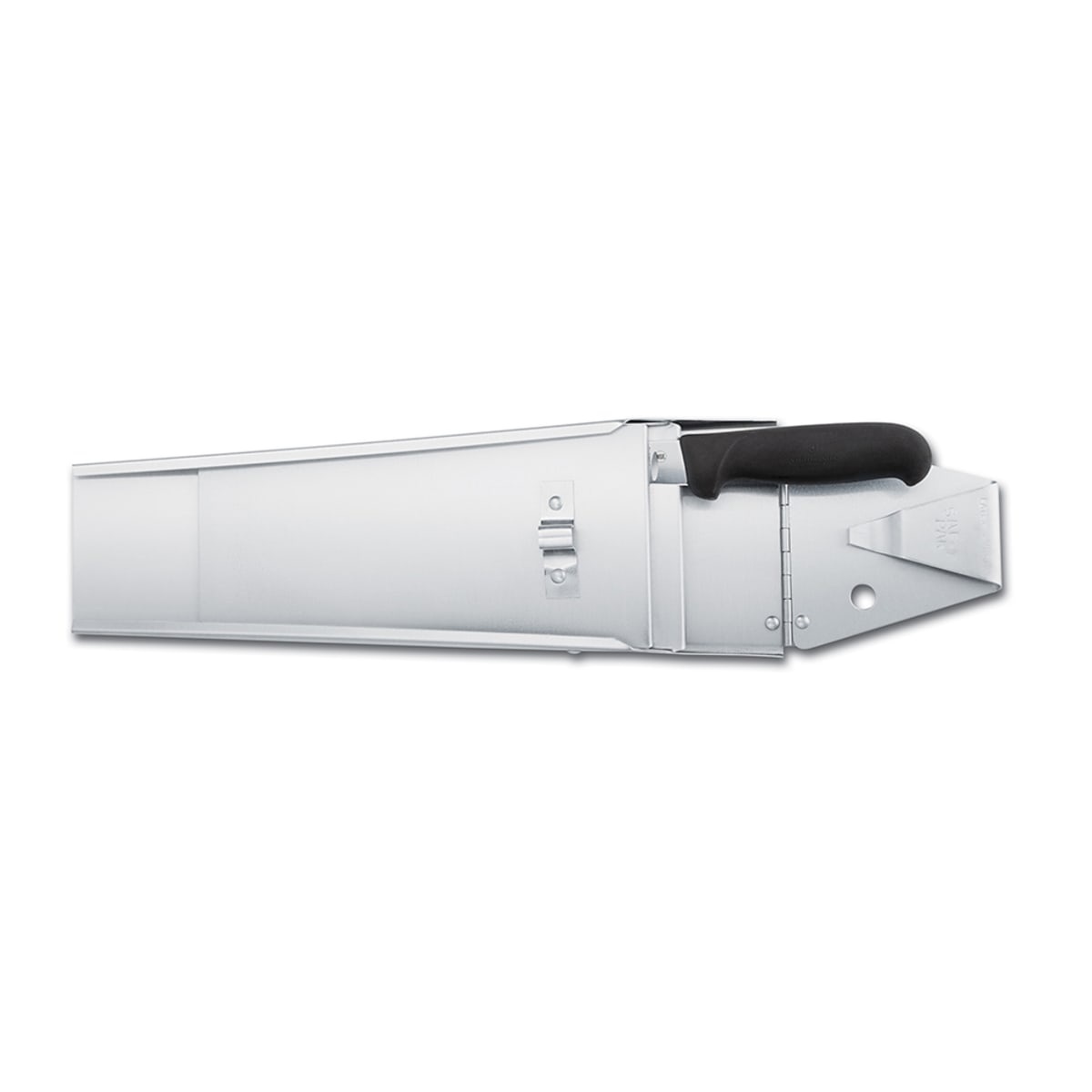 Victorinox aluminum double-pouch knife scabbard with a black-handled knife inserted, showing latch mechanism