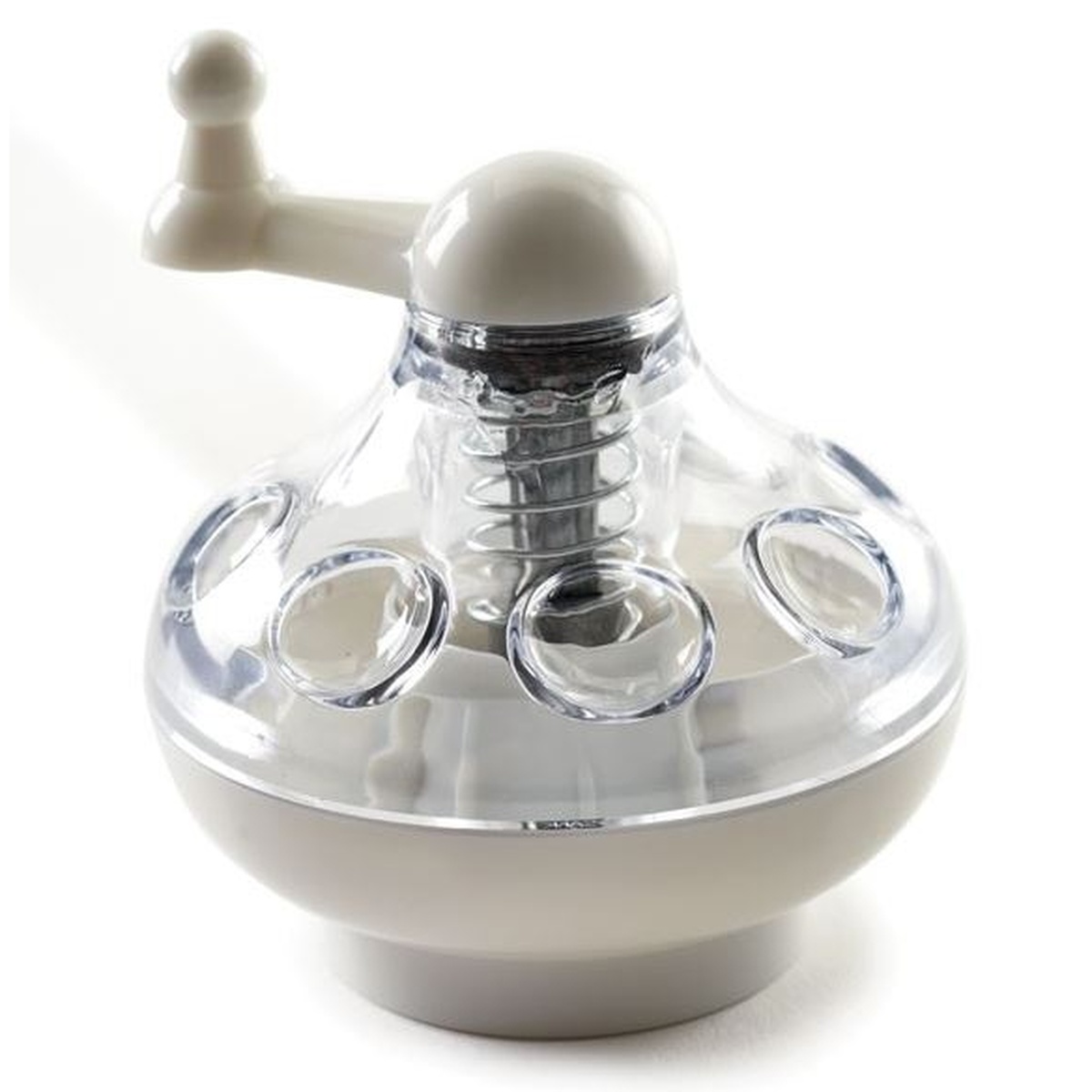 Norpro 775 Spice Grinder with clear acrylic body, enclosed stainless steel blades, and white easy-turn crank handle