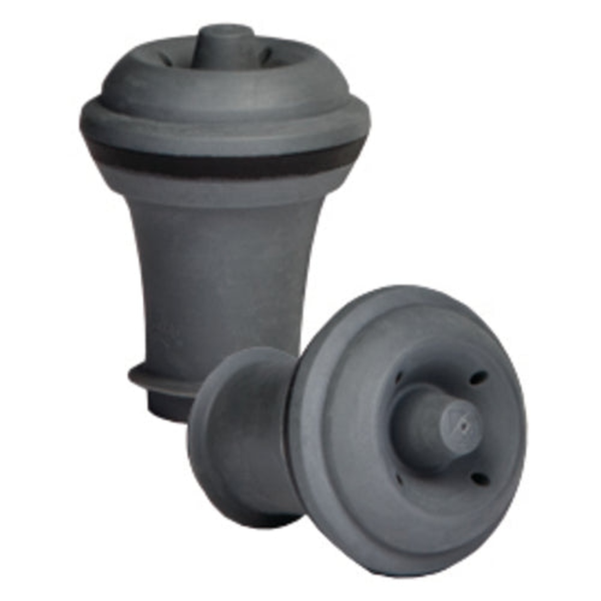 Two gray ABS plastic VacuVin vacuum wine stoppers shown from above and side angle