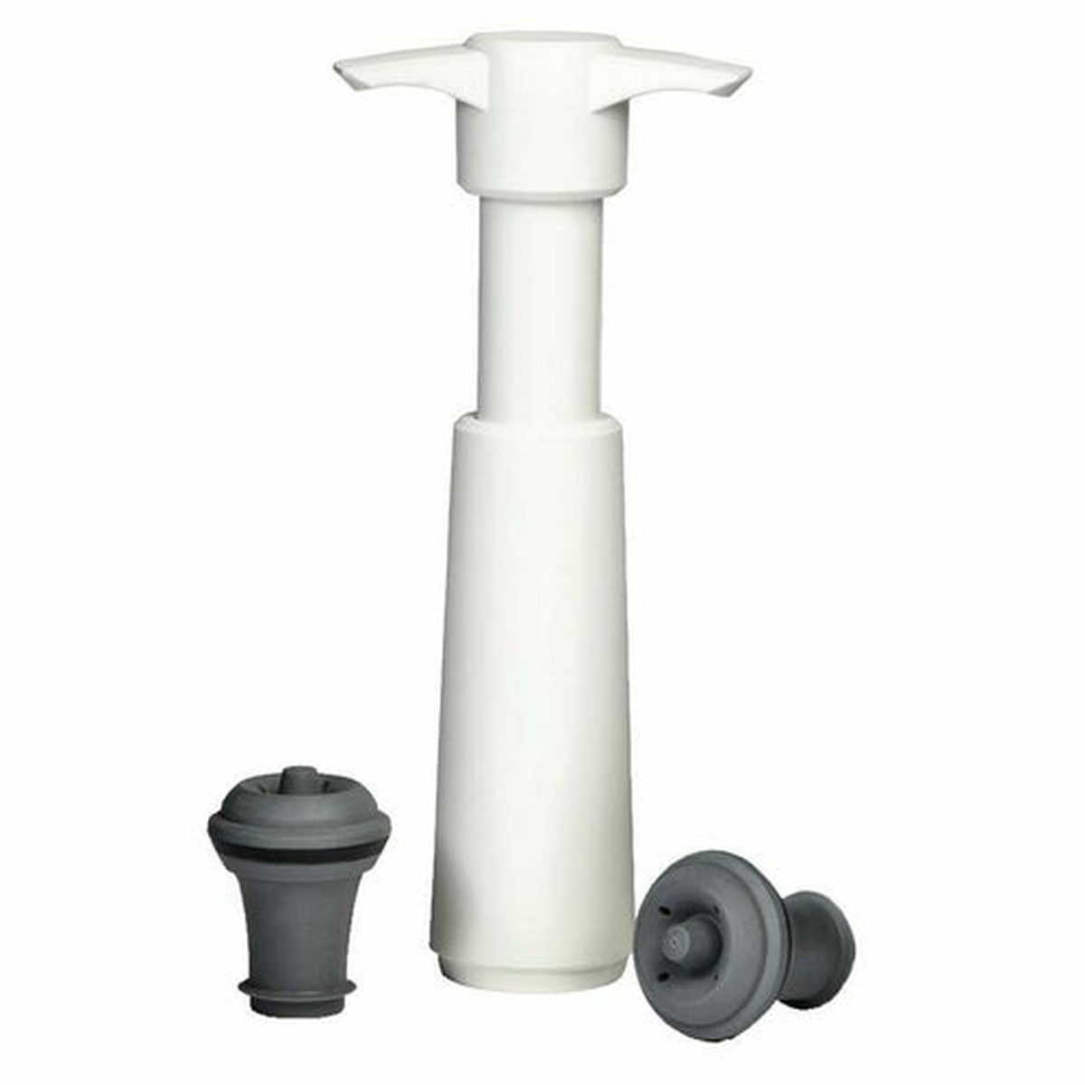 Franmara 7772-BXR VacuVin vacuum wine preservation pump in white with two gray rubber bottle stoppers