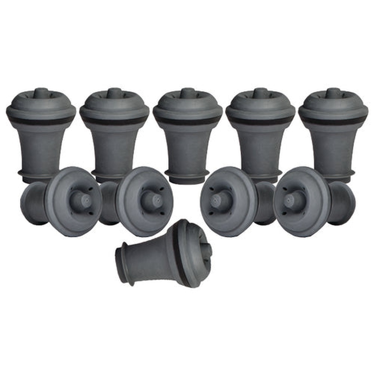 Set of 10 gray Franmara VacuVin vacuum wine stoppers shown from multiple angles