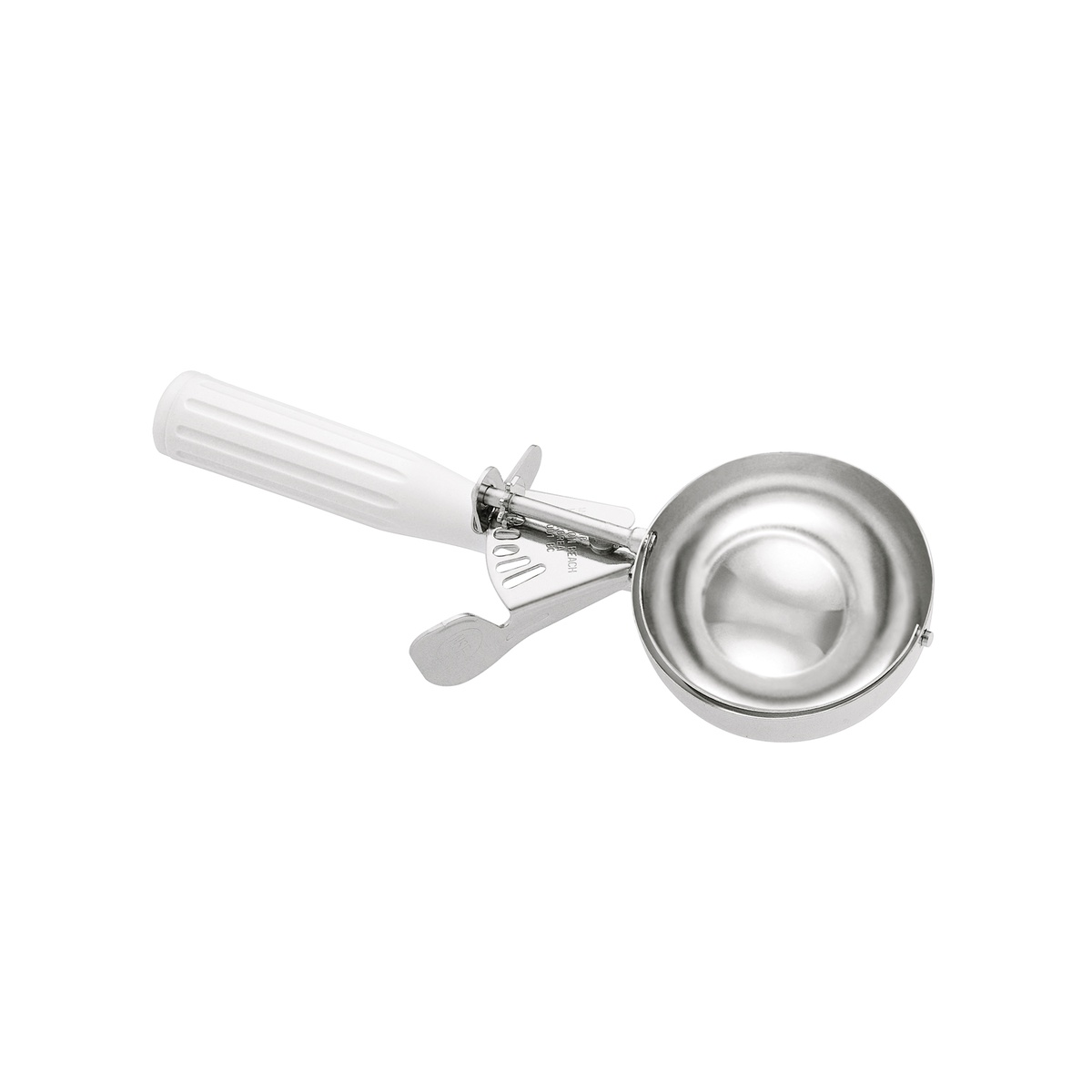 Hamilton Beach 78-06 #6 white handle stainless steel thumb press disher, diagonal view
