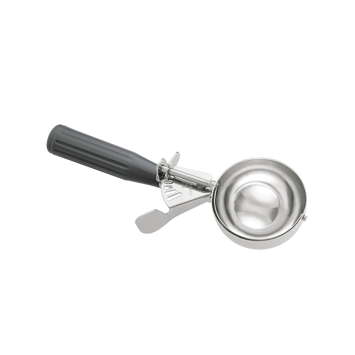Hamilton Beach 78-08 #8 gray disher with stainless steel bowl and gray plastic handle, side profile view