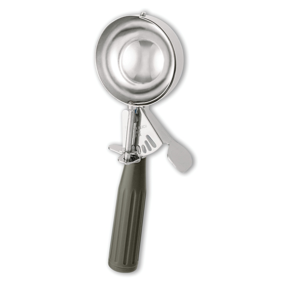 Hamilton Beach 78-08 disher top-down view showing stainless steel bowl and gray ergonomic handle with thumb lever