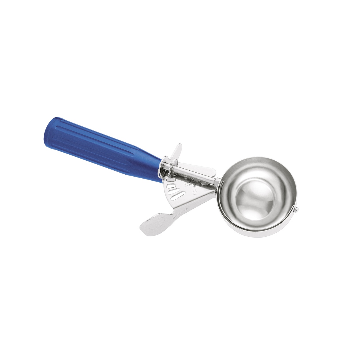 Hamilton Beach 78-16 size #16 disher with blue handle and stainless steel bowl, side view