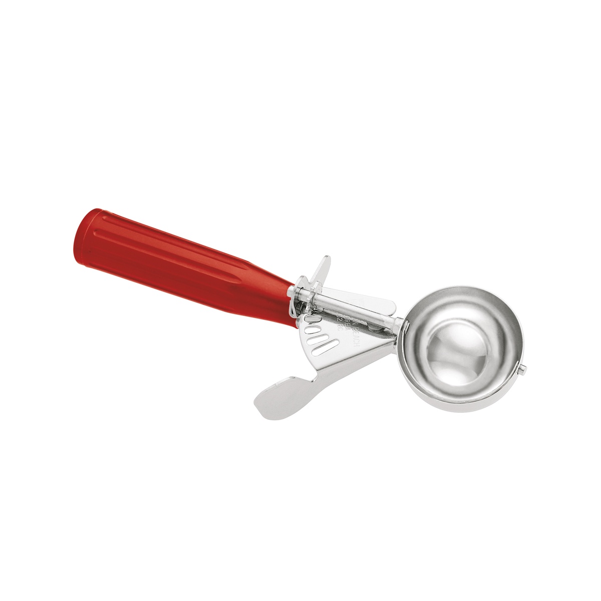 Hamilton Beach 78-24 commercial disher with red handle and stainless steel bowl, angled view
