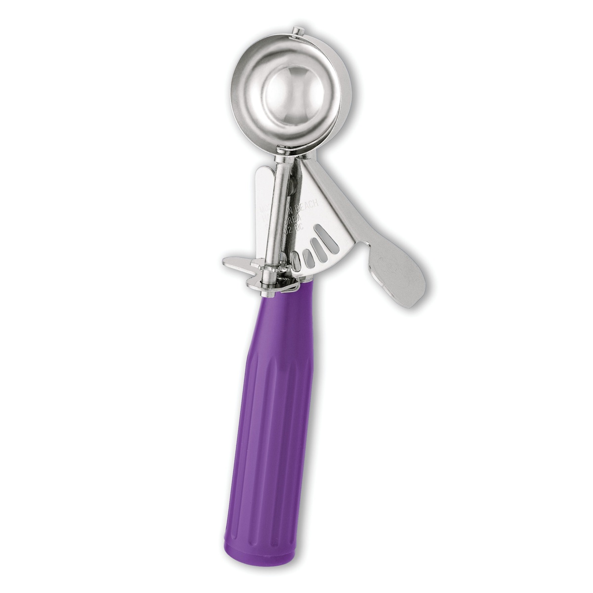 Hamilton Beach 78-40 disher front view showing stainless steel round bowl and orchid purple handle
