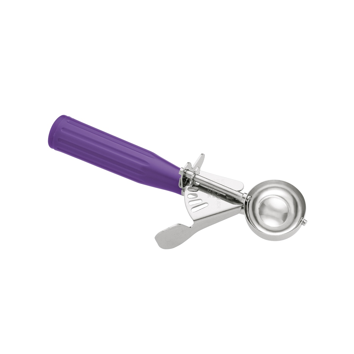 Hamilton Beach 78-40 Size 40 disher with orchid purple handle and stainless steel bowl, side angle view
