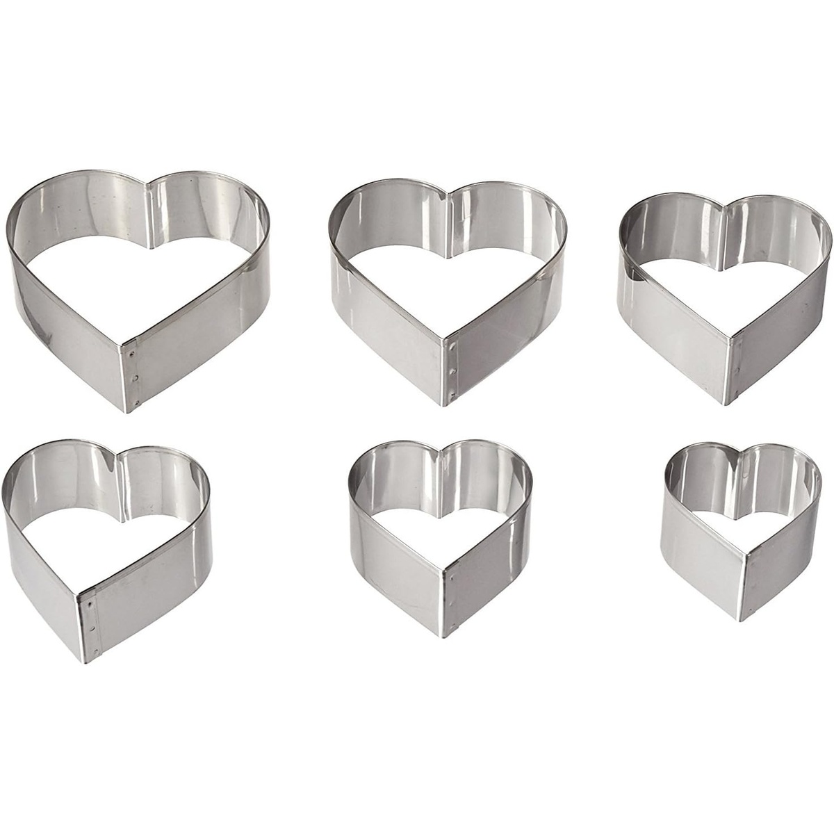 Set of 6 stainless steel graduated heart cookie cutters arranged in two rows by size