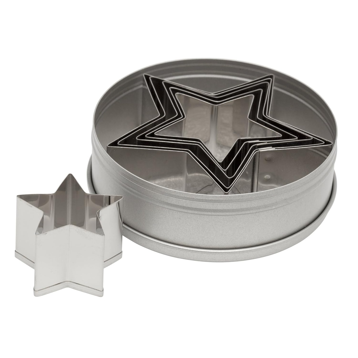 Ateco 7805 six-piece stainless steel plain edge star cookie cutter set nested in round metal storage tin with one cutter placed outside