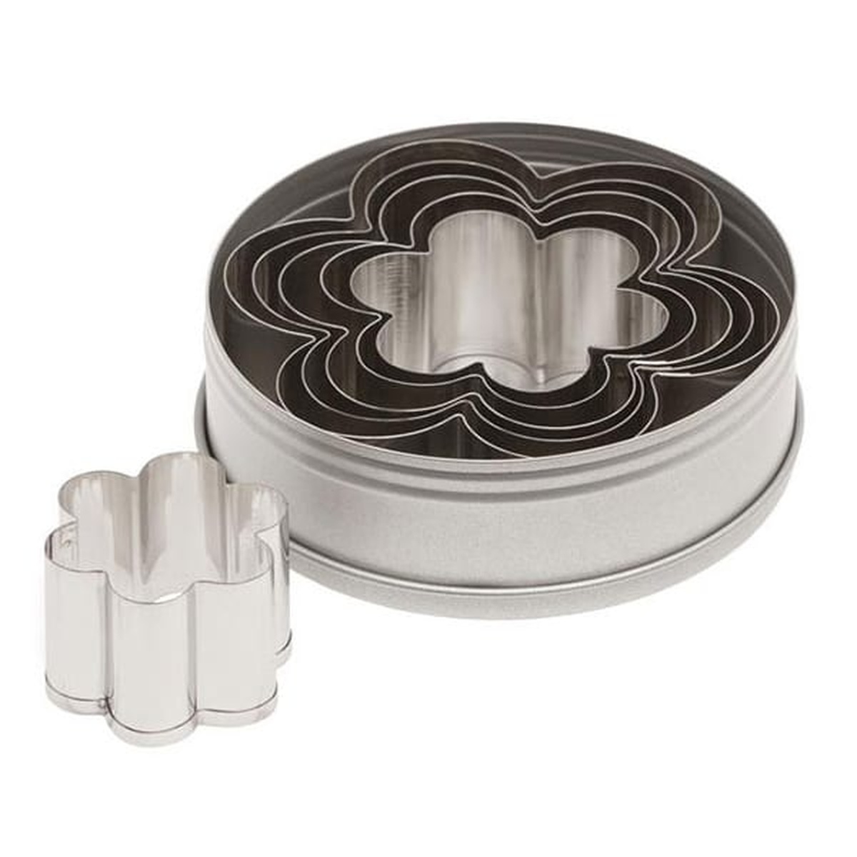 Set of six graduated stainless steel flower-shaped cookie cutters displayed with storage tin