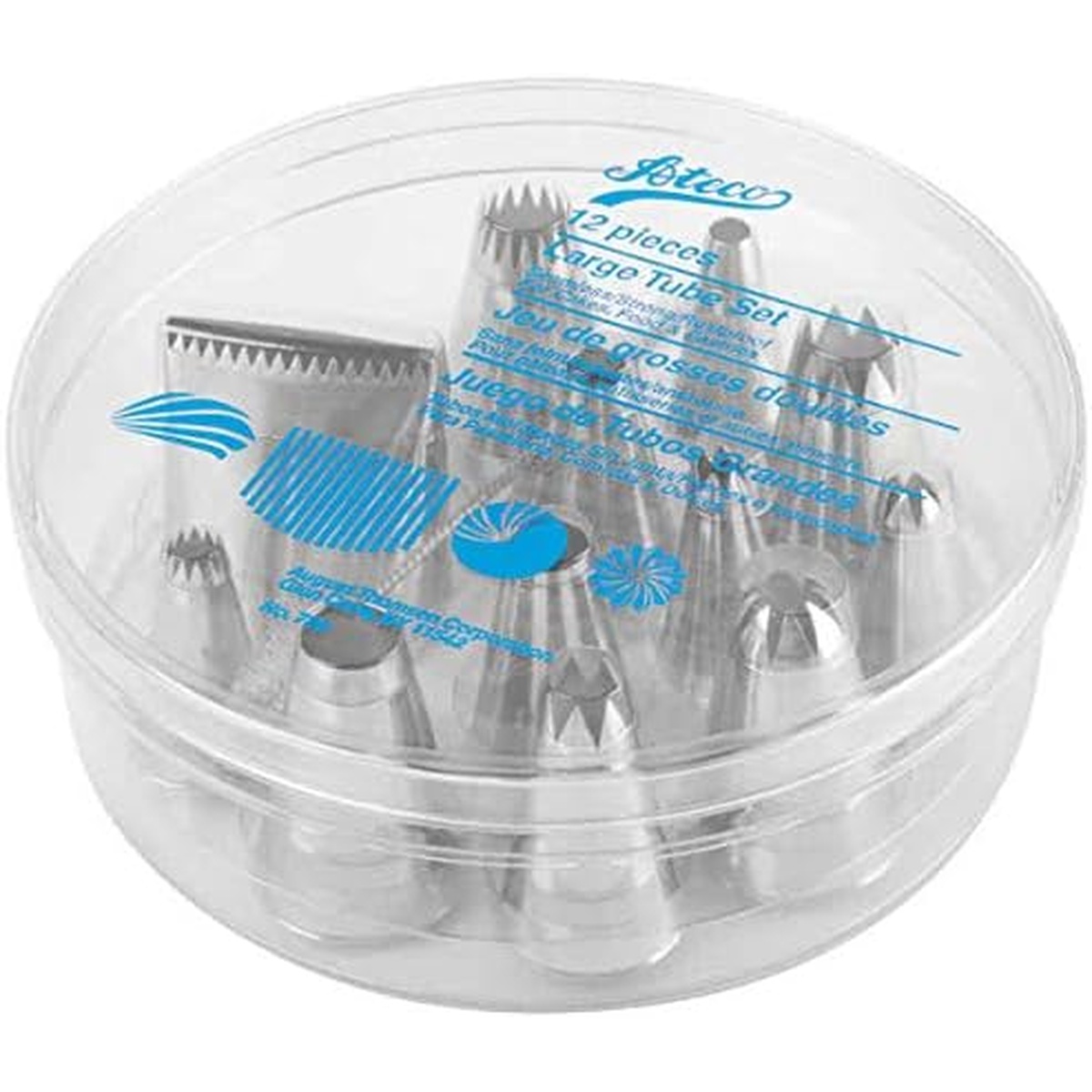 Ateco 786 large piping tip set stored in clear round plastic storage box, side view