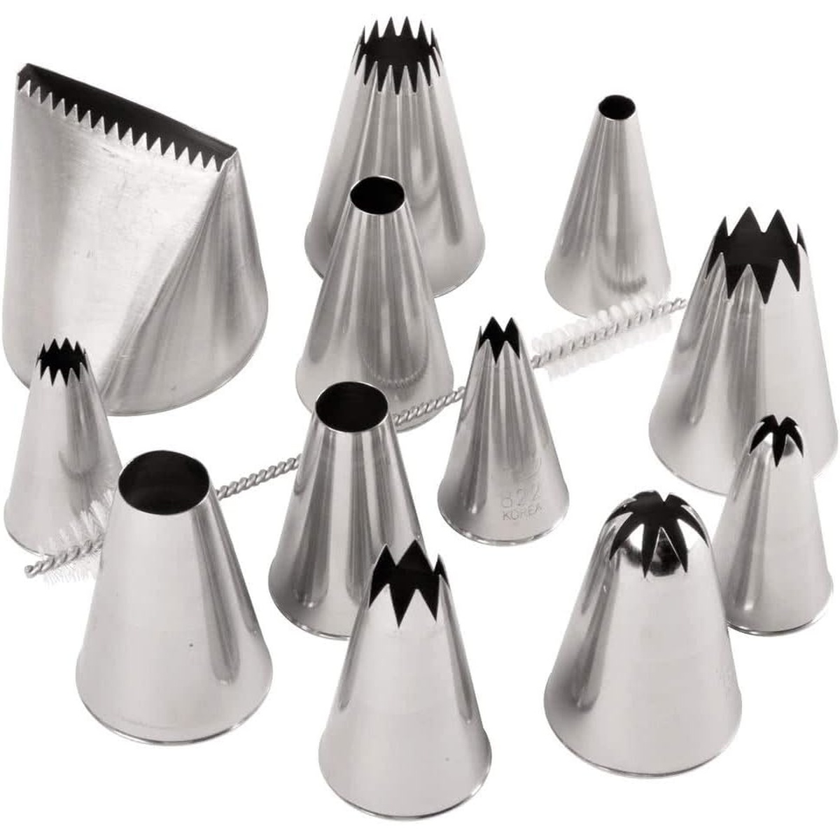 All 12 Ateco stainless steel large piping tips and cleaning brush displayed on white background