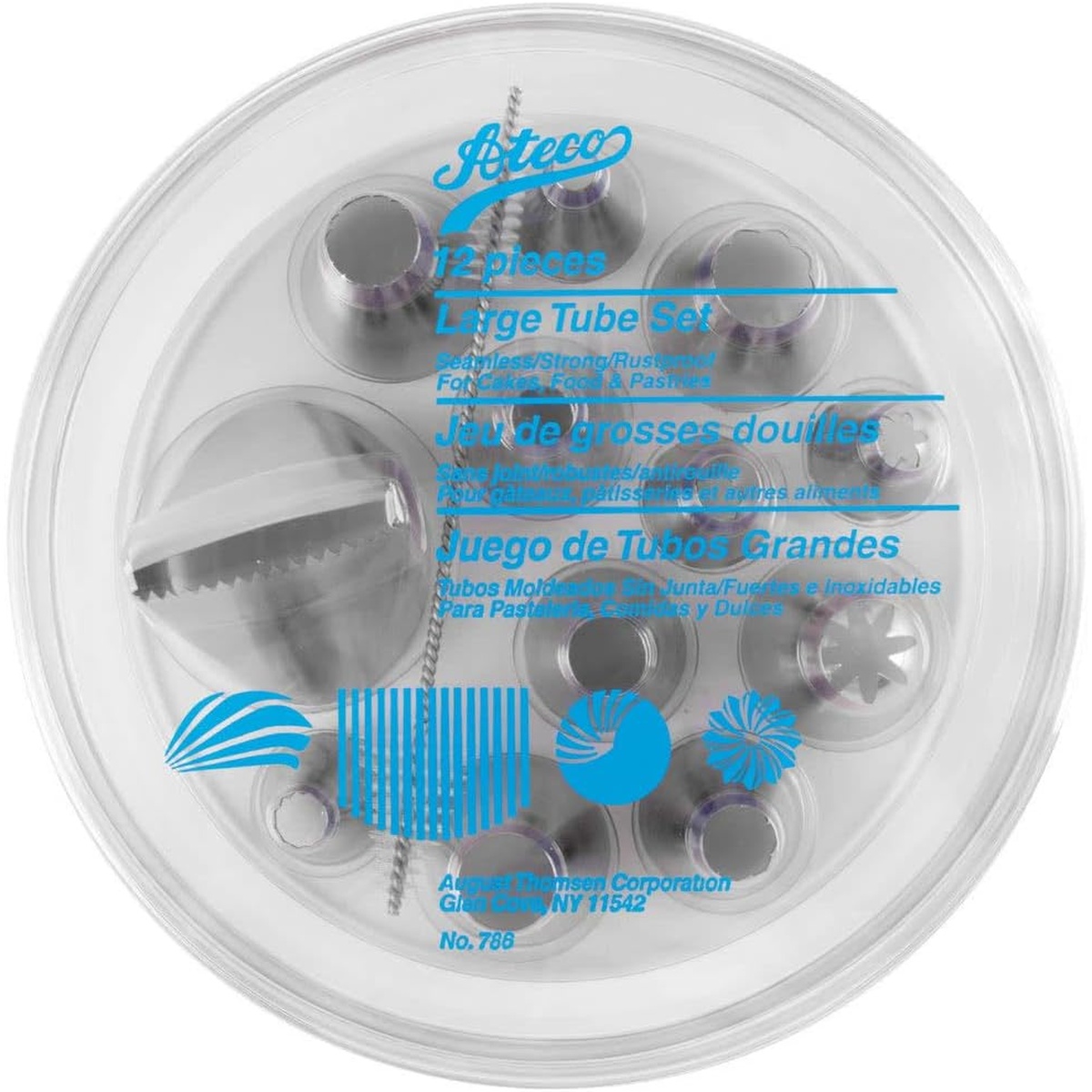 Top view of Ateco 786 12-piece large tube set in clear storage box showing tip arrangement and trilingual label