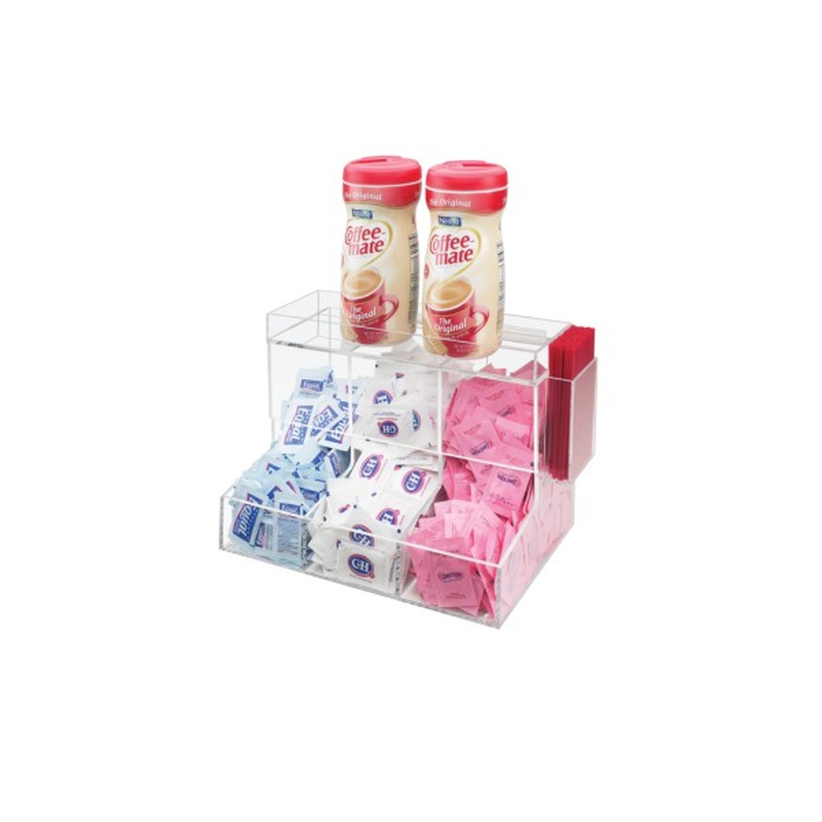 Cal-Mil 786 clear acrylic coffee condiment organizer filled with sugar packets and creamer bottles