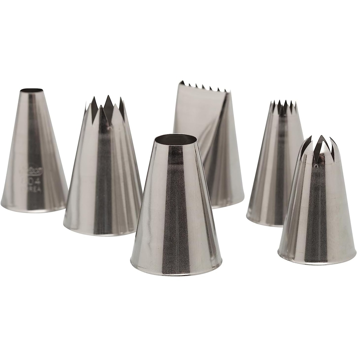 Ateco 787 six-piece stainless steel piping tip set showing all six tips including plain, star, French star, closed star, open star, and basket weave styles