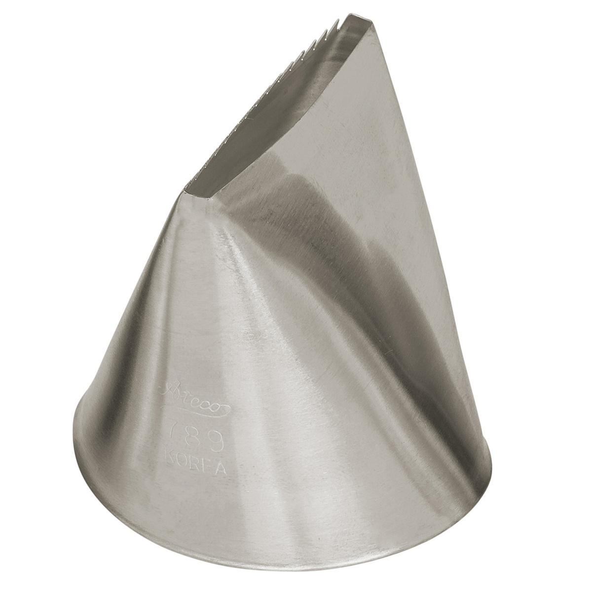 Ateco #789 stainless steel basketweave pastry tube viewed from the side showing serrated flat tip opening