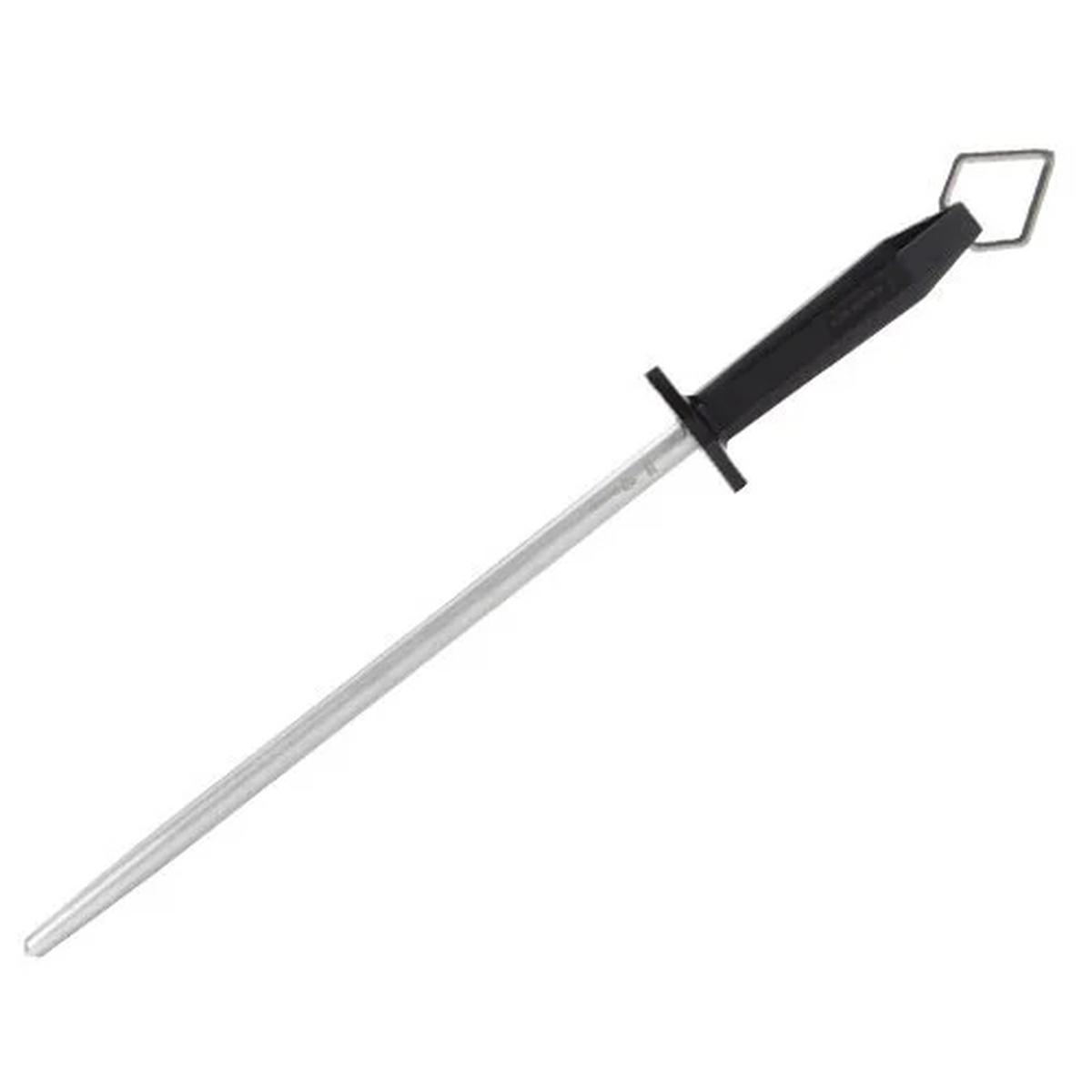Victorinox 12-inch round solid core diamond sharpening steel with black plastic handle and loose ring