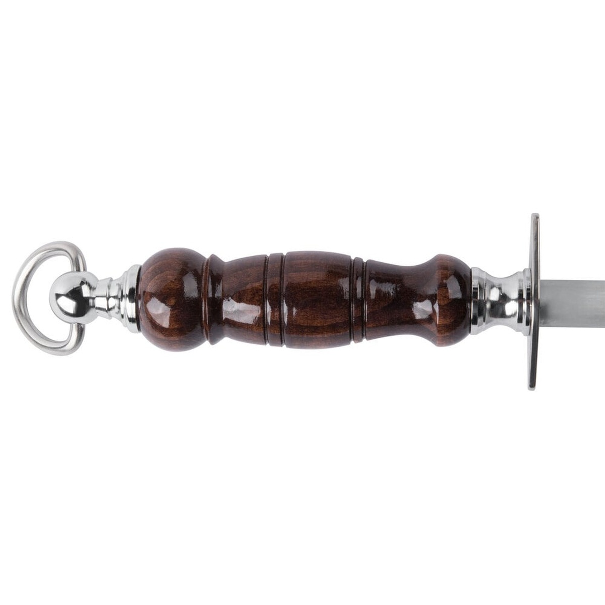 Close up of the ergonomic darkwood handle with safety guard