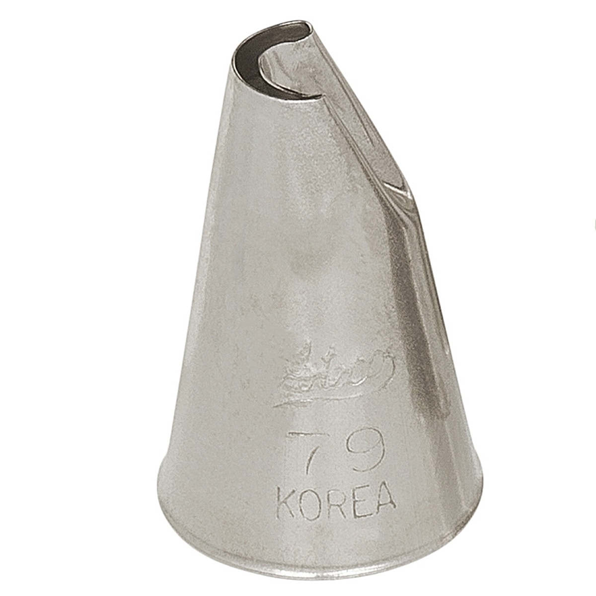 Ateco #79 stainless steel C-Top lily-of-the-valley piping tip, cone-shaped with a curved opening, stamped with 79 and Korea