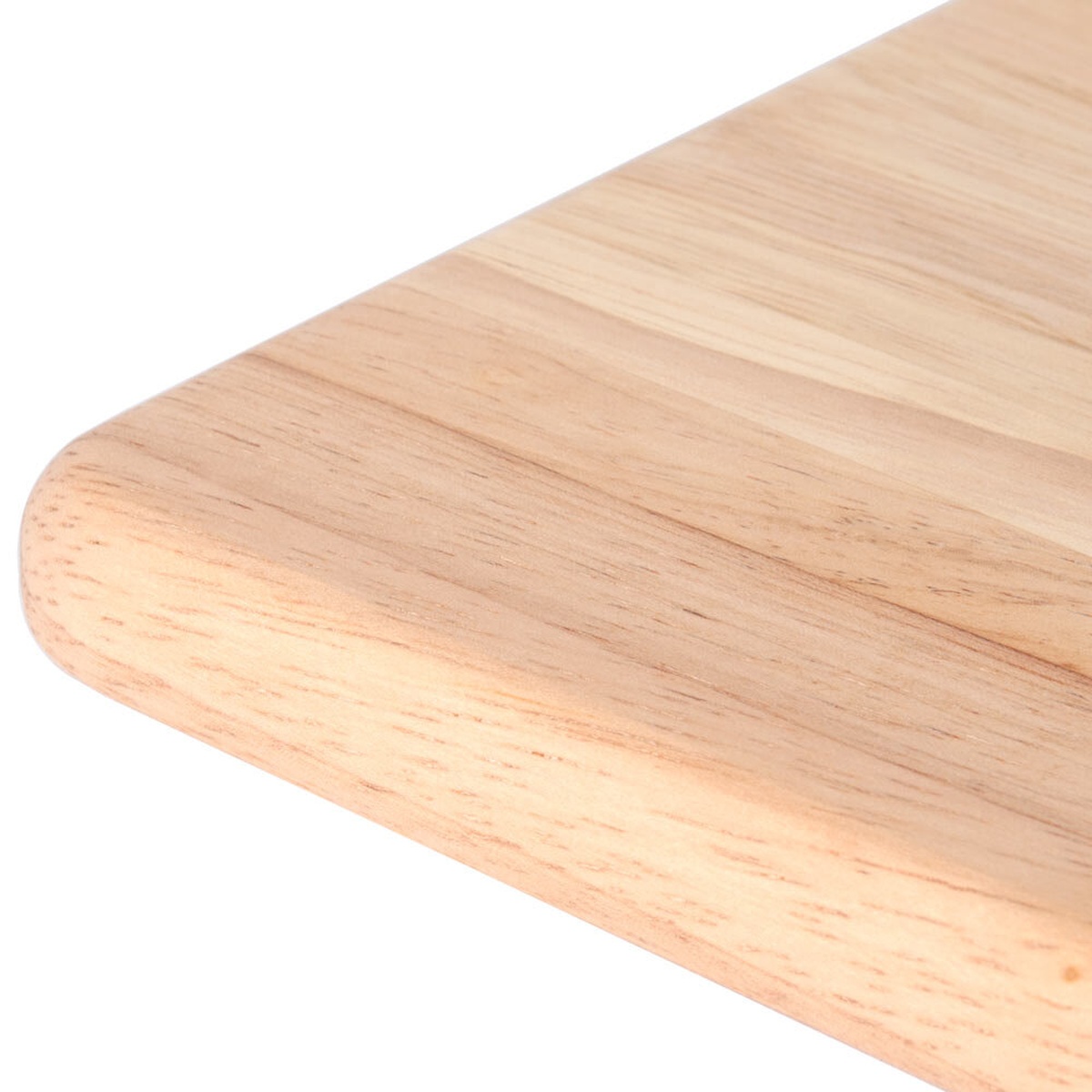 Close-up detail of the rounded corner and smooth rubberwood surface of the TableCraft 79 serving board