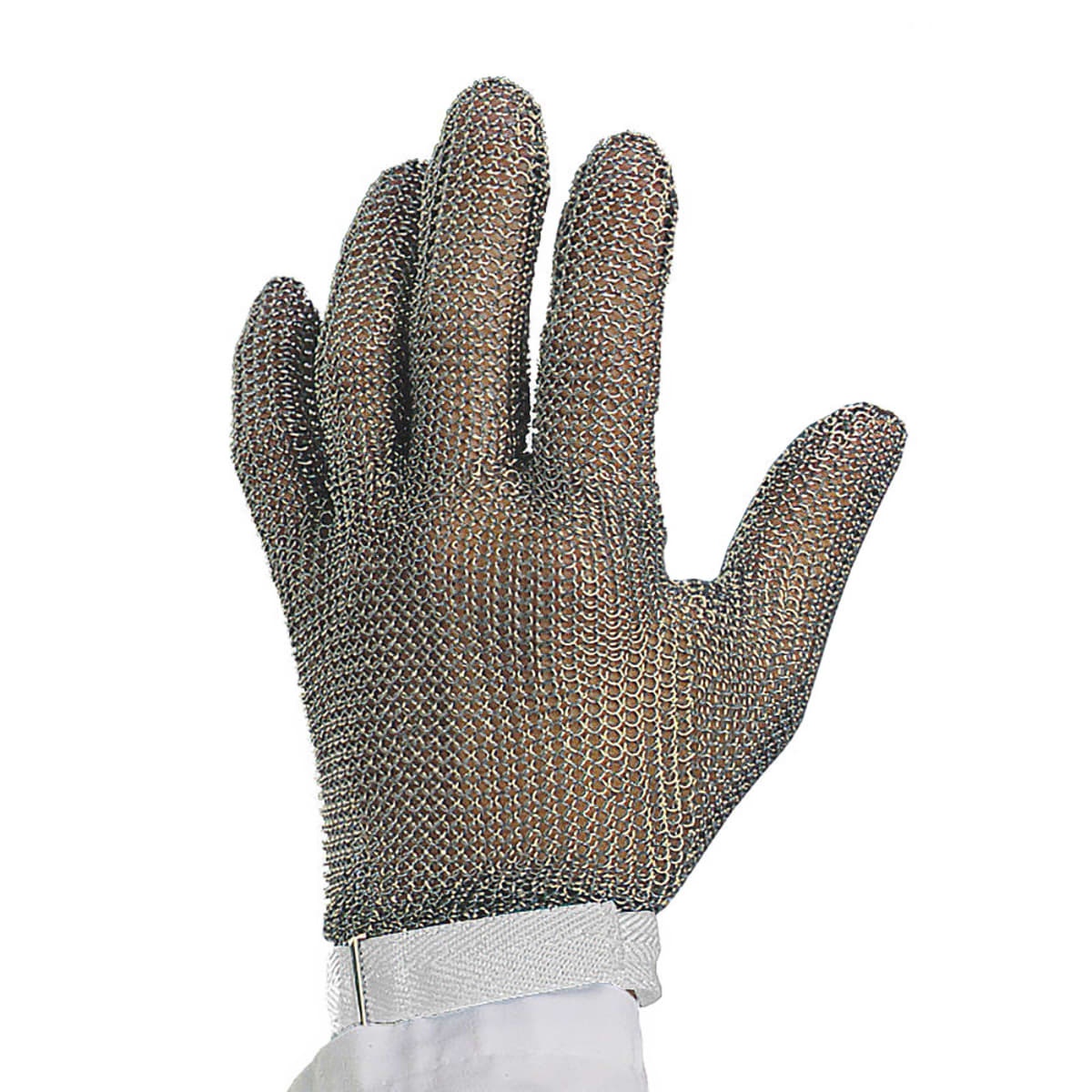 Victorinox Saf-T-Gard small stainless steel mesh cut-resistant glove with white nylon wrist strap shown on a hand
