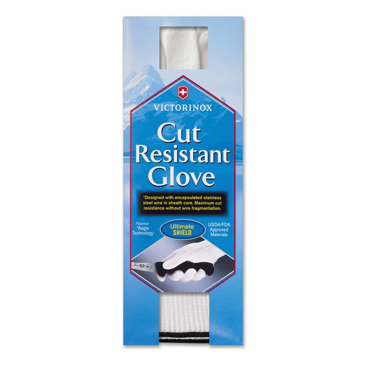 Victorinox UltimateSHIELD 2 Cut Resistant Glove packaging, small size, white knit glove visible inside box