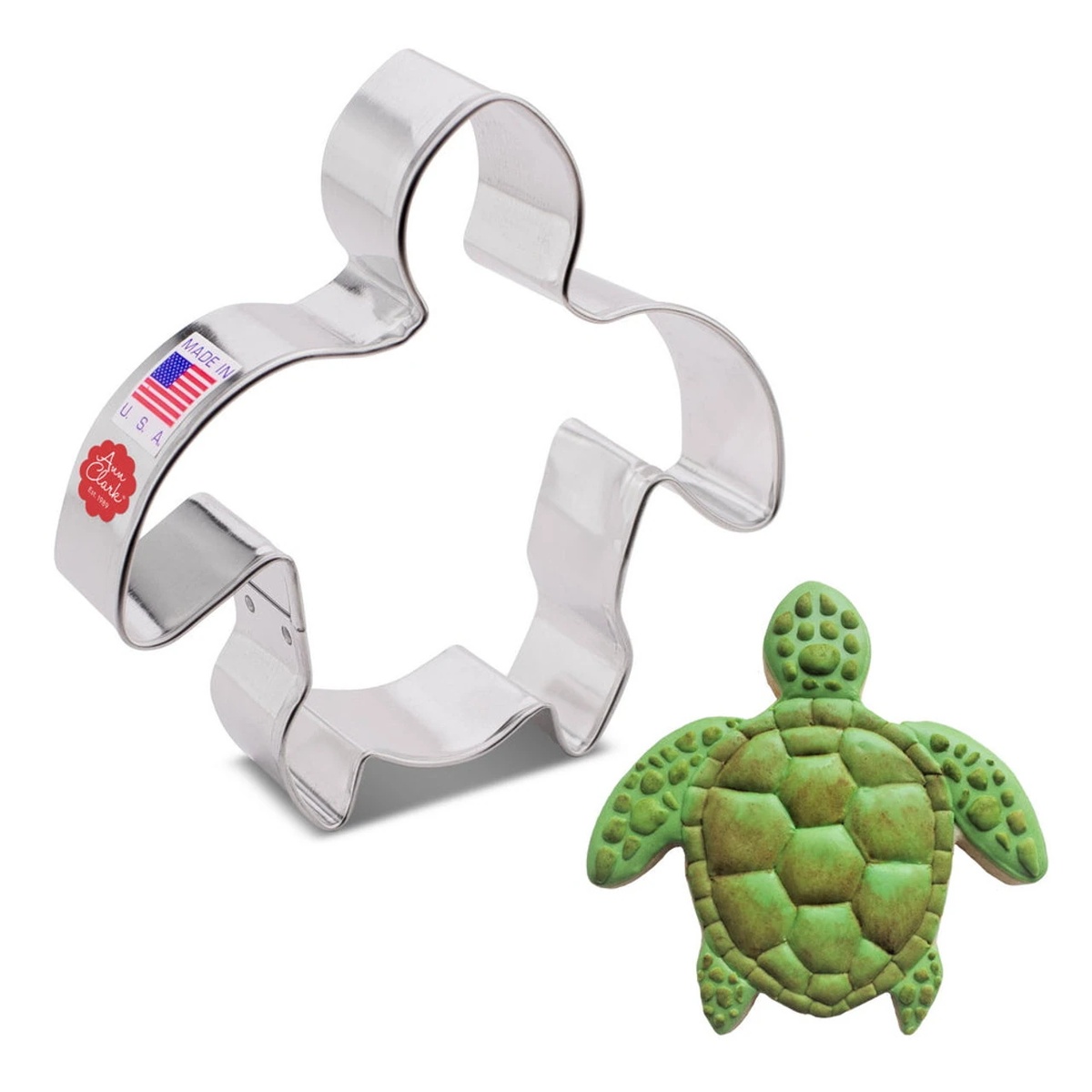 Ann Clark sea turtle cookie cutter in tin-plated steel shown with a decorated green sea turtle cookie