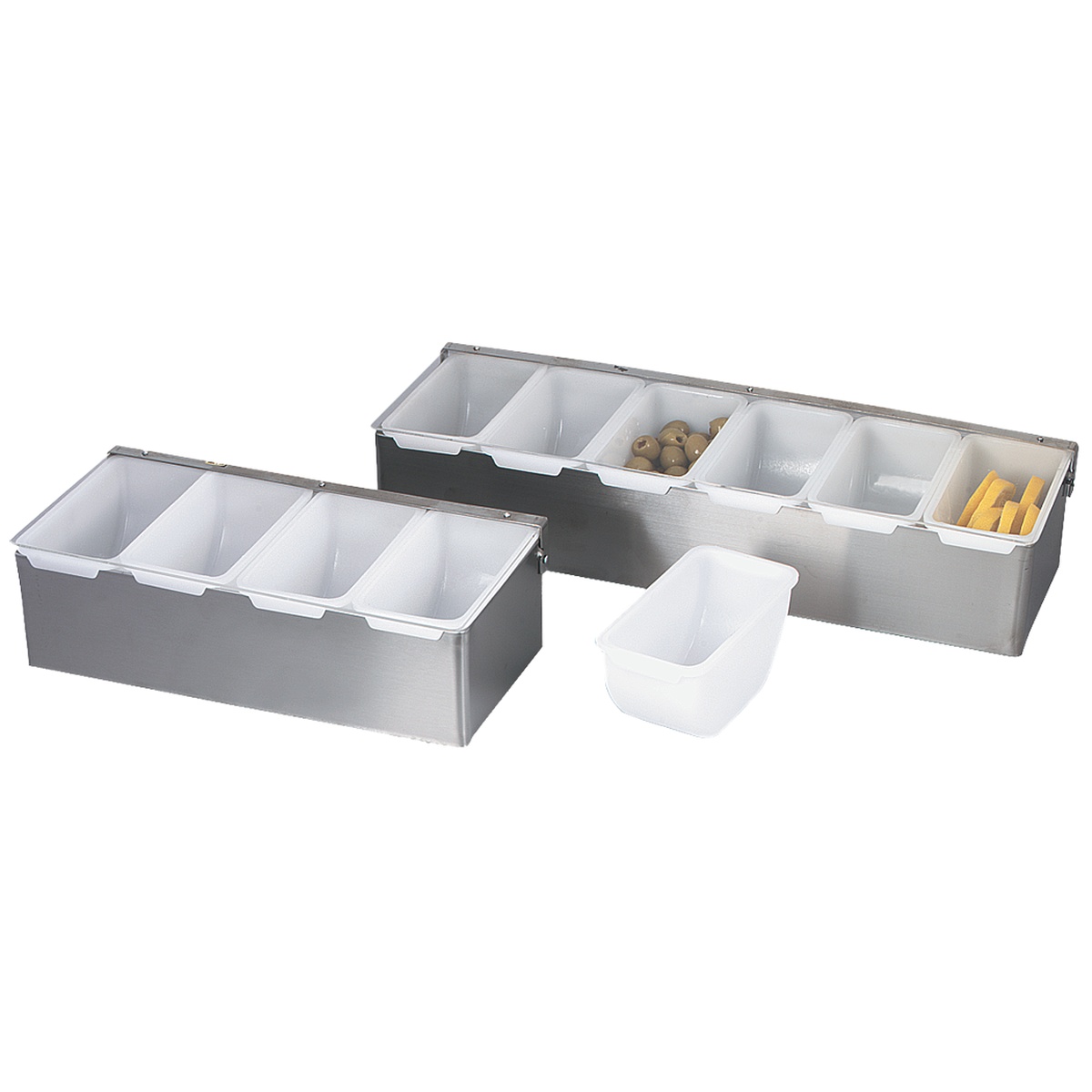 Browne USA 79303 stainless steel condiment tray with six white plastic 1-pint inserts, shown alongside a removed individual insert
