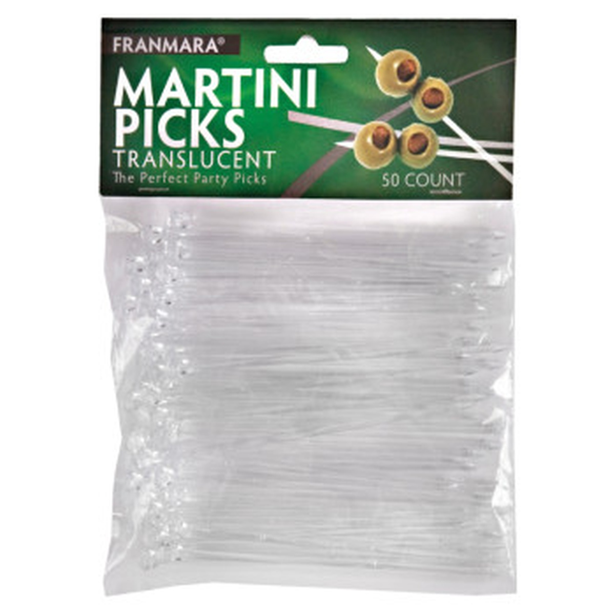 Franmara Martini Picks Translucent 50-Count retail package with clear plastic picks fanned out