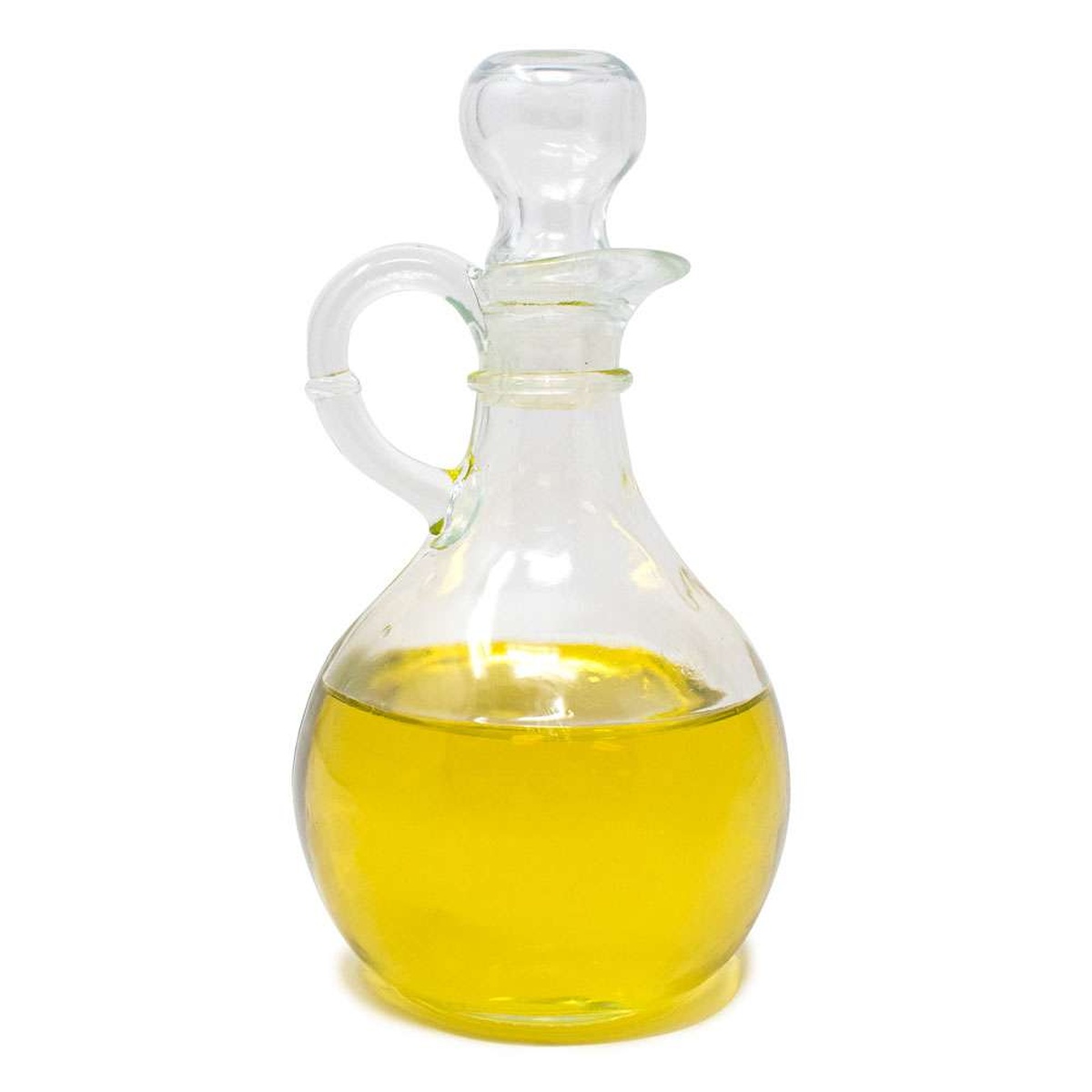 Norpro 794 glass cruet filled with golden olive oil, stoppered and ready to use