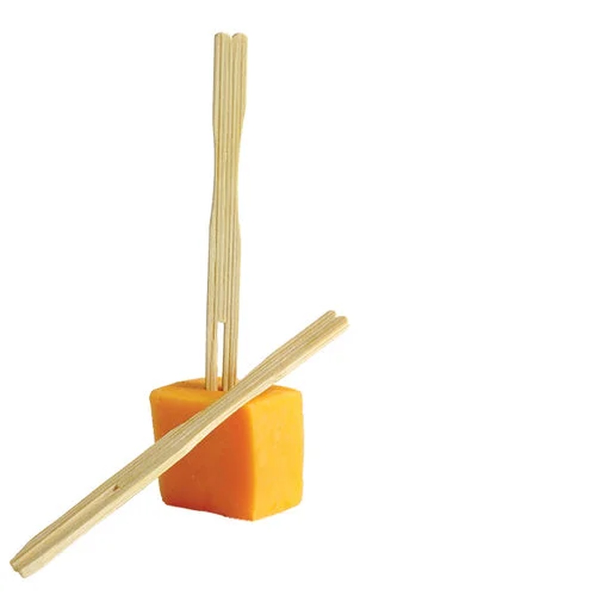 Franmara 3-1/2 inch bamboo party forks displayed upright and skewering a cube of orange cheddar cheese