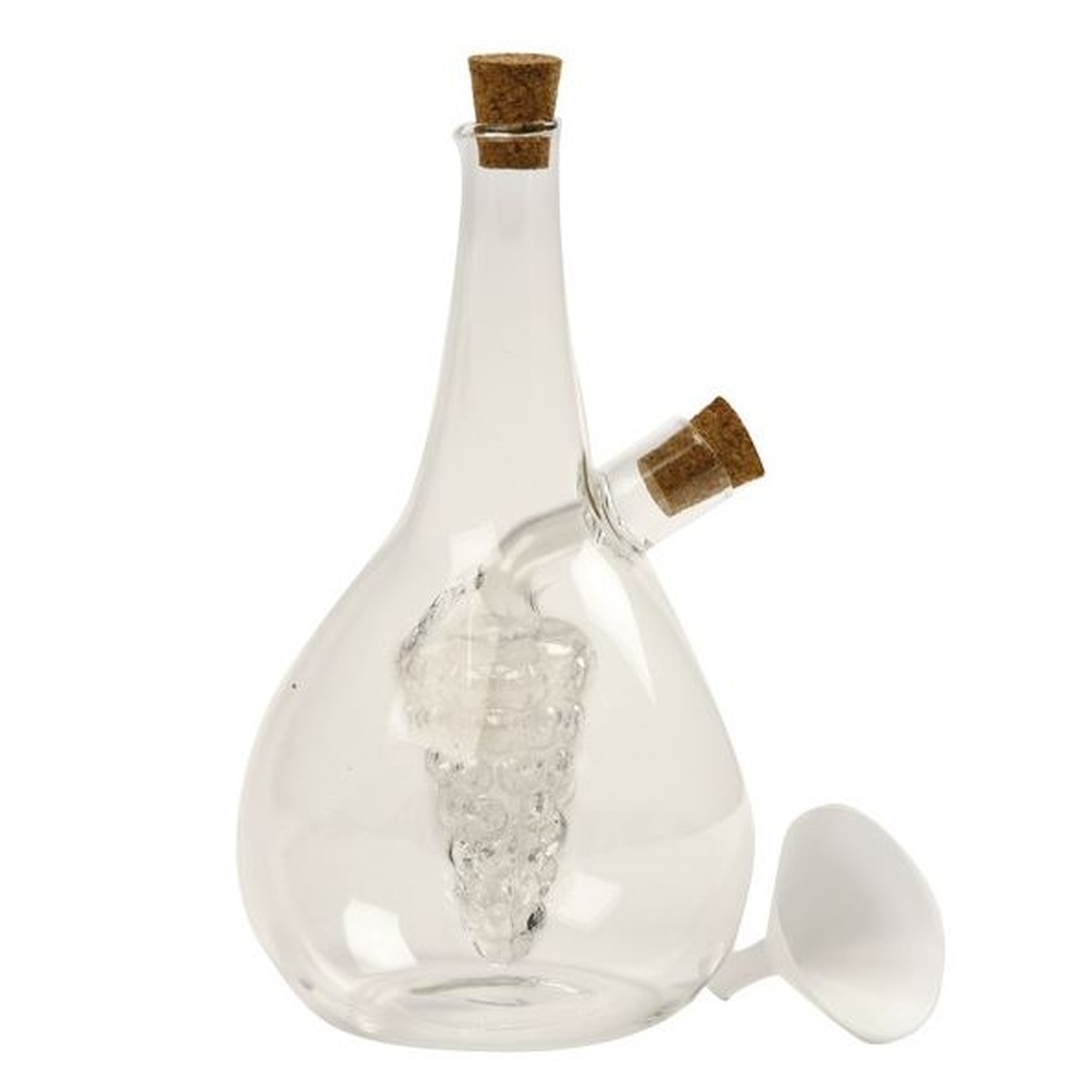 Norpro 795 hand-blown glass oil and vinegar cruet with grape cluster interior, two cork stoppers, and filling funnel