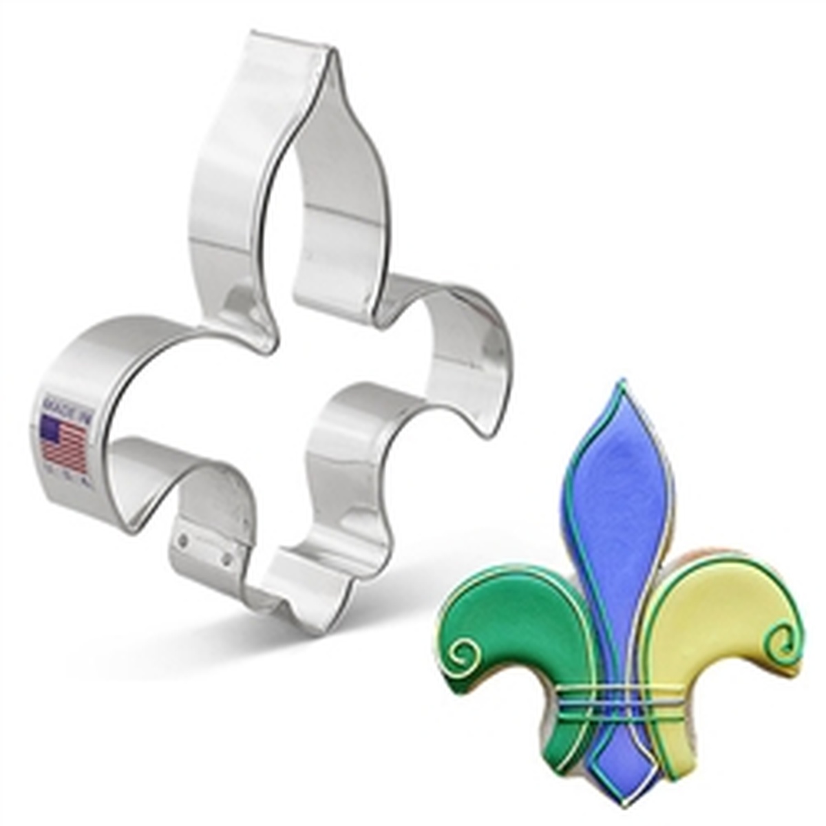 Fleur-de-lis metal cookie cutter shown alongside a decorated fleur-de-lis cookie with blue, green, and yellow royal icing