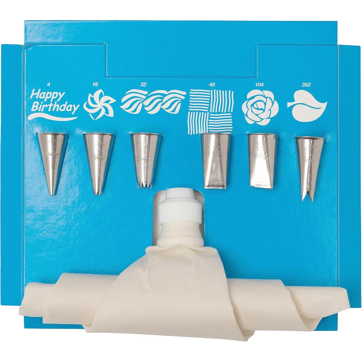 Ateco 8-piece cake decorating set showing six stainless steel piping tips and a reusable decorating bag with coupler displayed on blue packaging