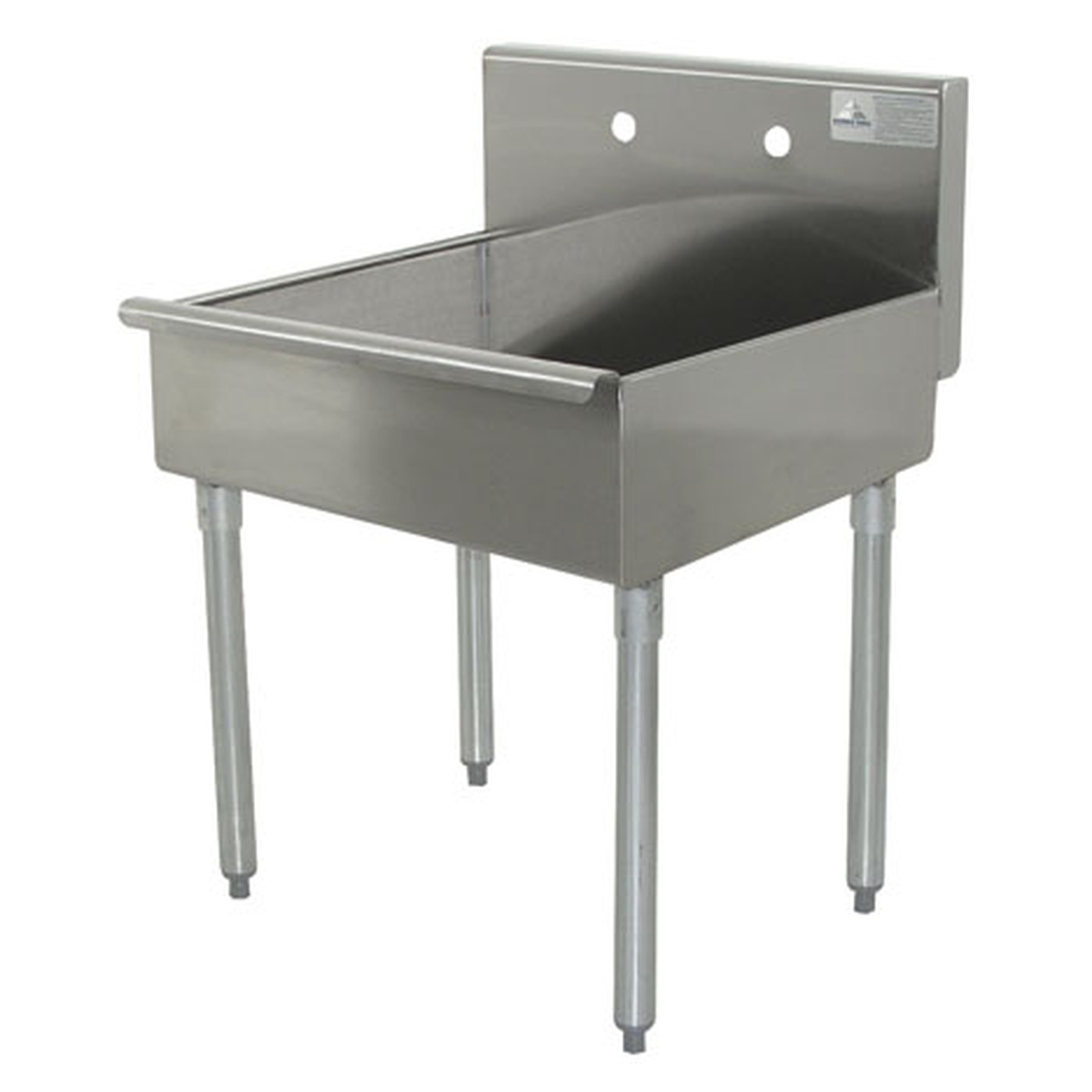 Advance Tabco stainless steel one-compartment service sink with four legs and high backsplash, angled view