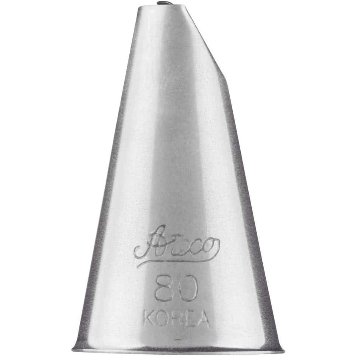 Ateco #80 decorating tip side view showing stamped Ateco logo, number 80, and Korea origin marking