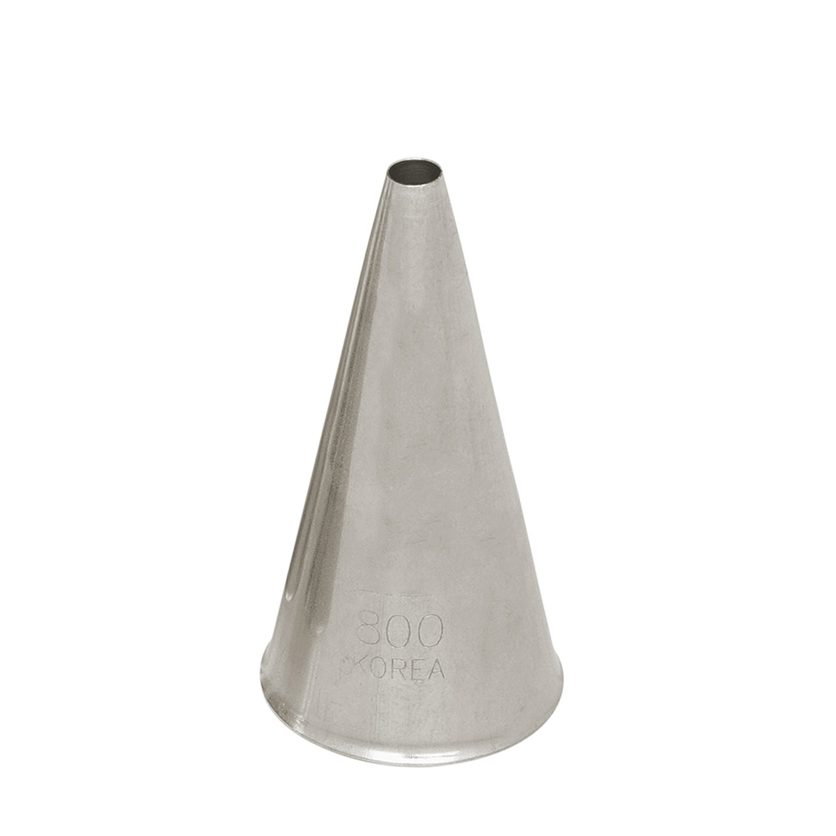 Ateco #800 plain round pastry tube in seamless stainless steel with round top opening, stamped with model number 800