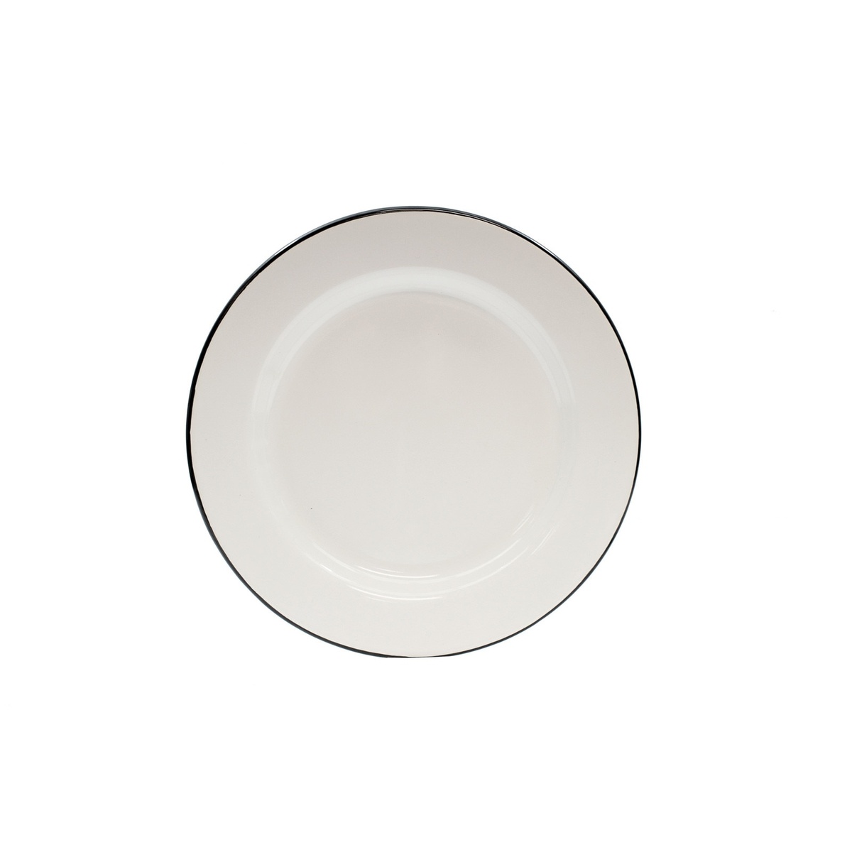 Tablecraft 80019 10-inch round enamelware plate, creamy white with black rim, top-down view on white background
