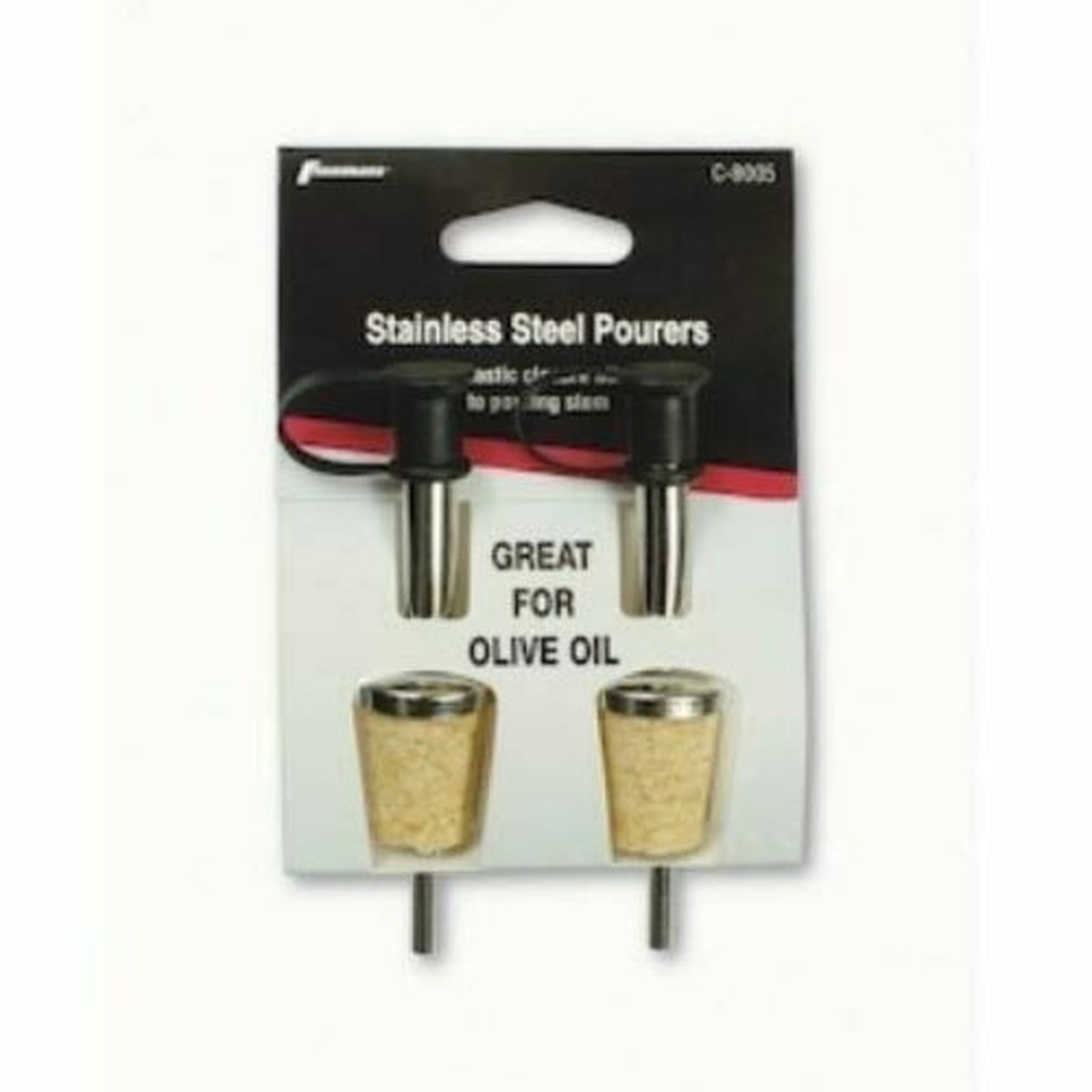 Franmara 8005-C stainless steel liquor bottle pourers with natural cork, shown in retail 2-pack card packaging
