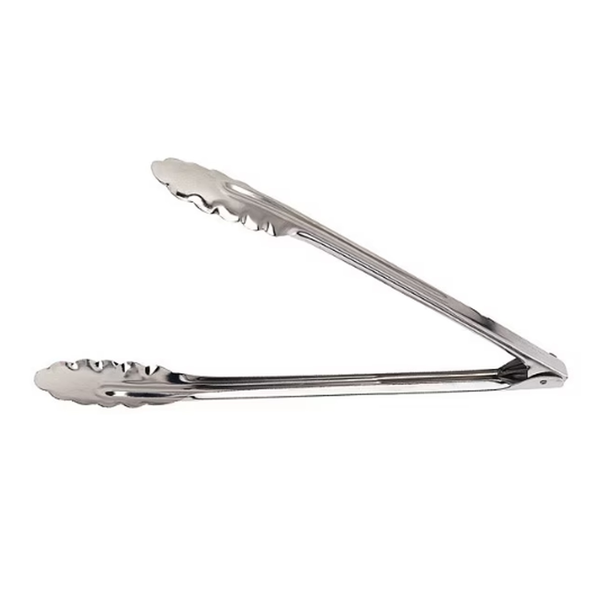 Clipper Mill 12-inch stainless steel tongs with scalloped gripping heads and spring hinge