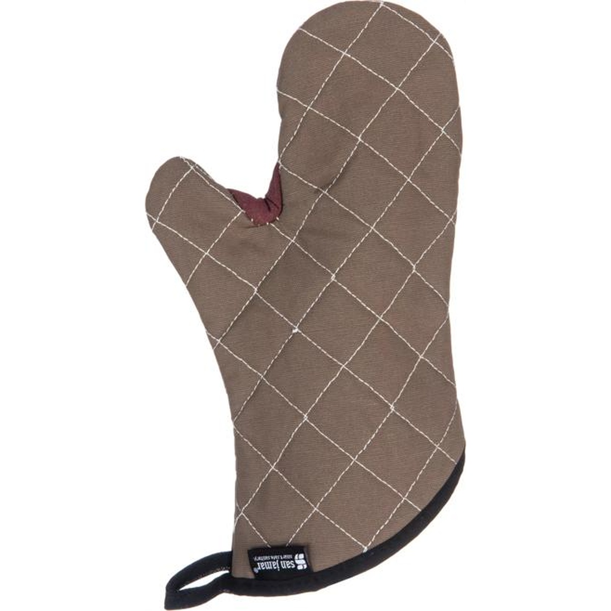 San Jamar BestGuard oven mitt full front view in tan with white quilted stitching and hanging loop at cuff