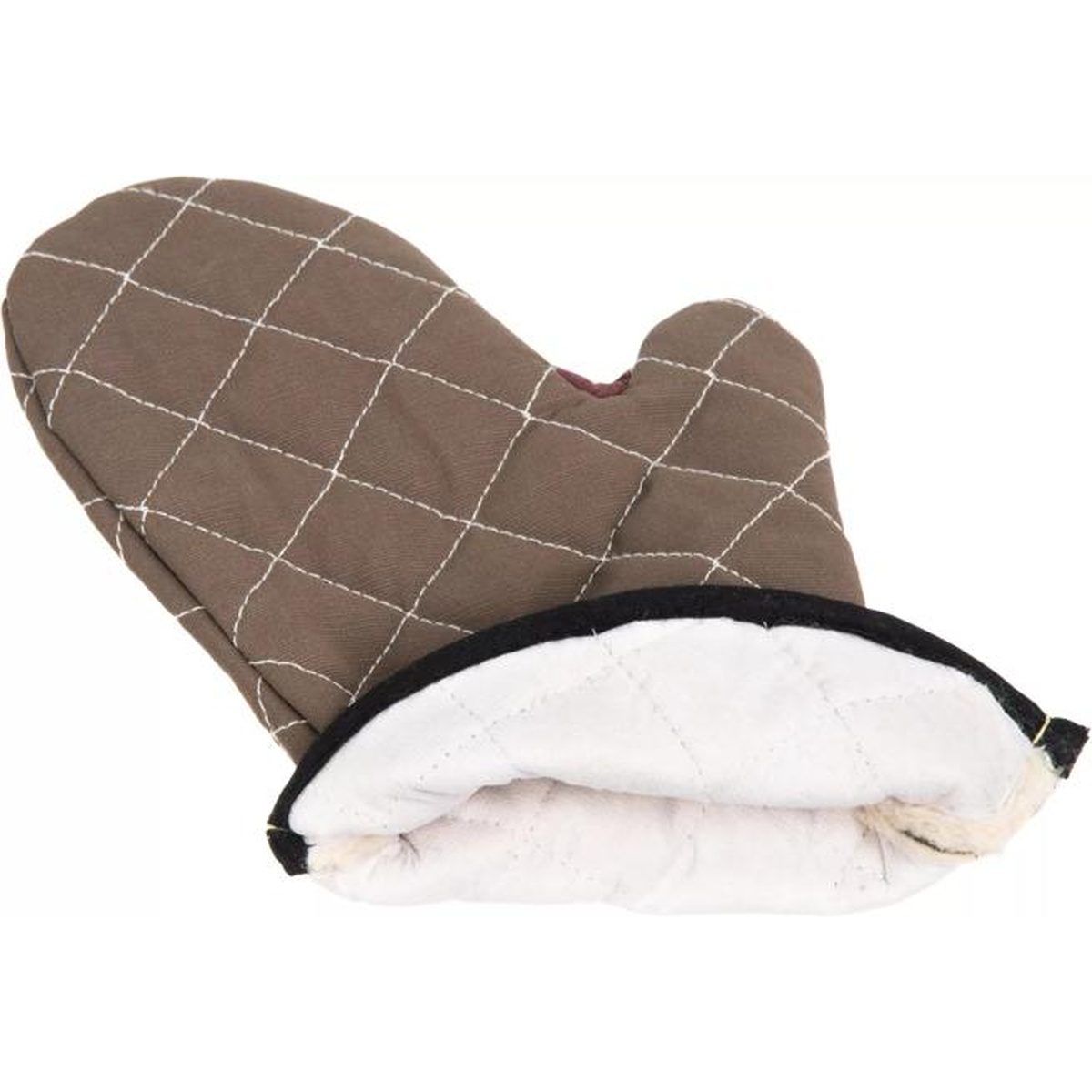 San Jamar BestGuard 13-inch tan oven mitt showing quilted exterior and white insulated interior lining