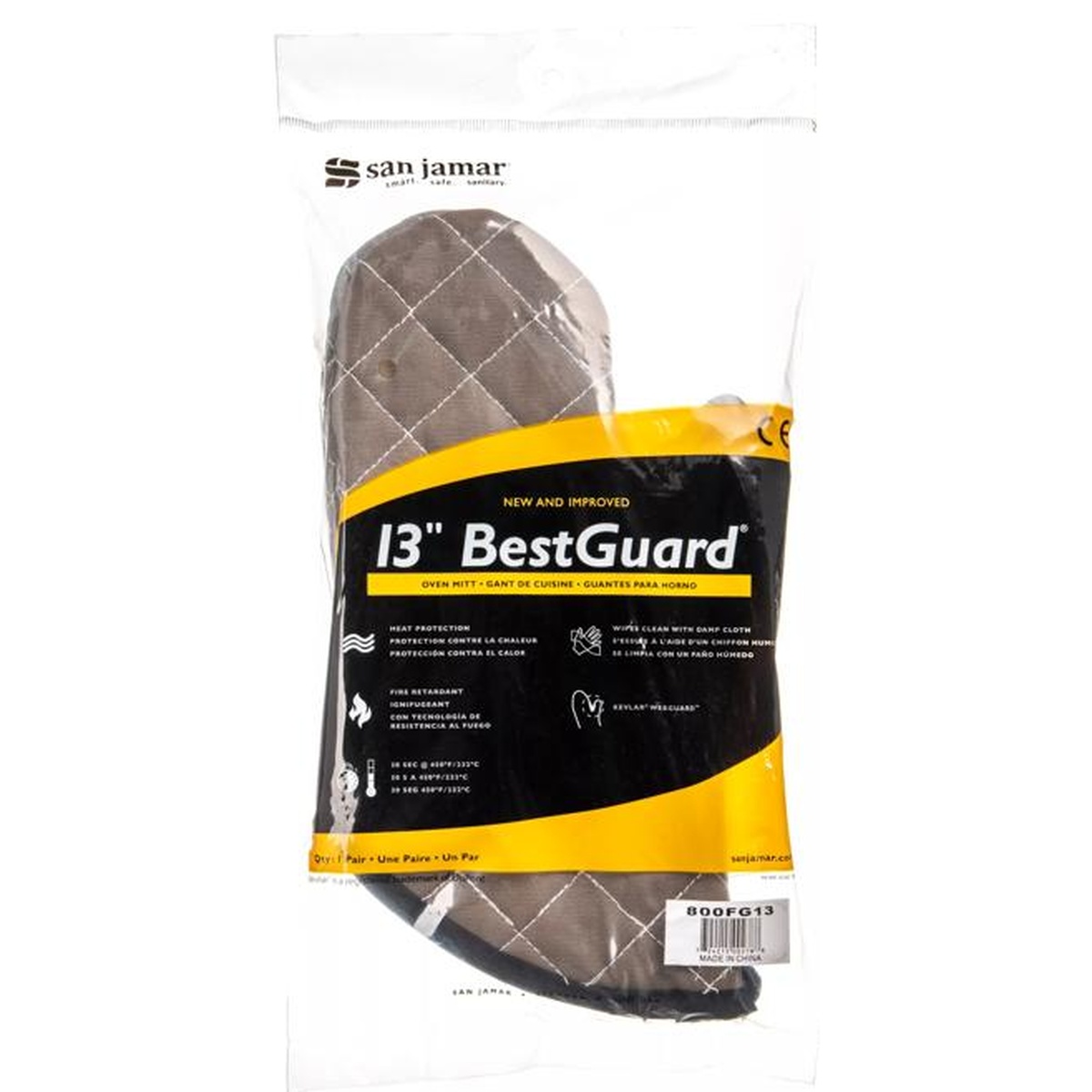 San Jamar BestGuard 13-inch oven mitt retail packaging showing product features and specifications