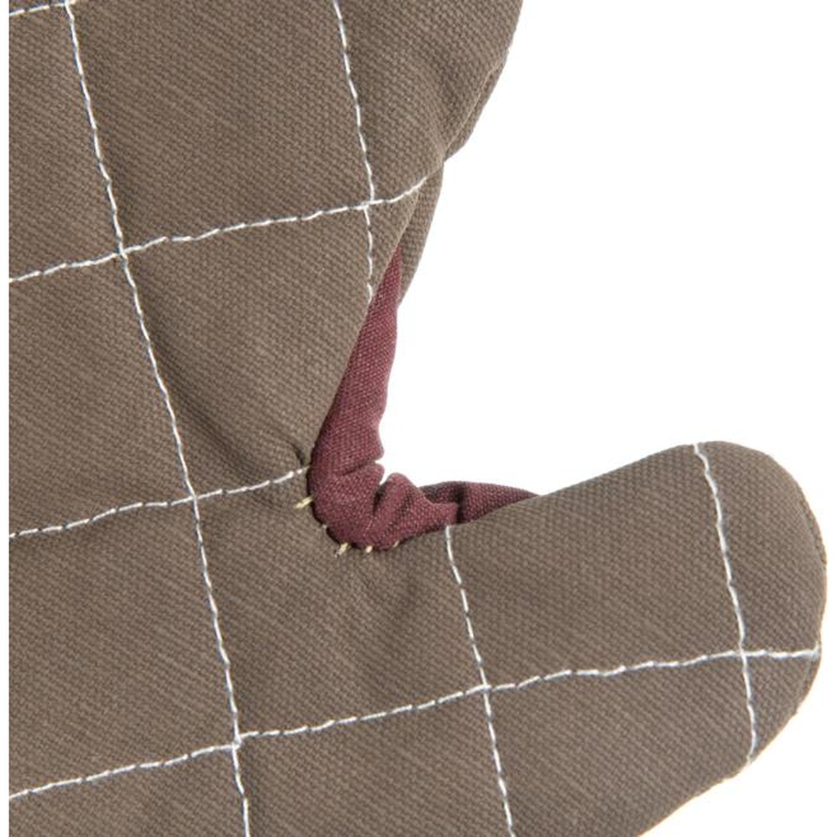 Close-up of San Jamar BestGuard oven mitt showing WebGuard Plus reinforced thumb and forefinger gusset area